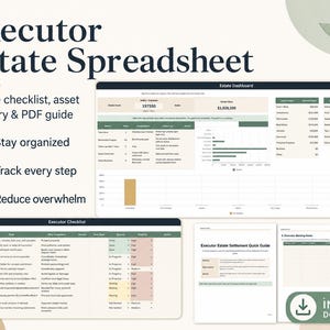 May include: A digital Executor Estate Spreadsheet with the title at the top. The spreadsheet includes a probate checklist, asset inventory, and PDF guide. The image also includes the phrases "Stay organized", "Track every step", and "Reduce overwhelm".