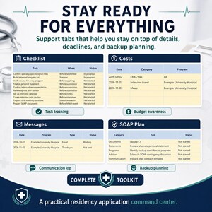 Digital download mockup for Ultimate ERAS Residency Tracker Excel, displaying included Excel and Google Sheets pages on a clean product layout.