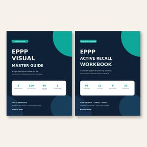 May include: Two dark blue study guides titled EPPP Visual Master Guide and EPPP Active Recall Workbook. Both feature teal circular accents, white text, and rectangular boxes displaying numerical data for exam preparation study materials.