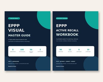 Puede incluir: Dos guías de estudio azul oscuro tituladas EPPP Visual Master Guide y EPPP Active Recall Workbook. Ambas presentan acentos circulares verde azulado, texto blanco y recuadros rectangulares con datos numéricos para materiales de estudio.