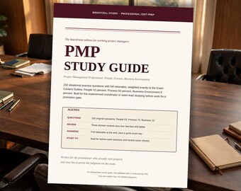 Op de afbeelding: Een PMP-studiegids met een donkerrode koptekst en een crèmekleurige achtergrond. De tekst luidt PMP STUDY GUIDE, Project Management Professional: People, Process, Business Environment, en bevat een agendatabel met 150 oefenvragen.