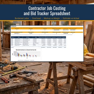 May include: A digital spreadsheet titled Contractor Job Costing and Bid Tracker Spreadsheet, displaying a dashboard with project data, financial metrics, and a bar chart comparing revised contract values against actual costs by job.