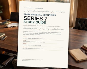 Op de afbeelding: Een witte studiegids getiteld FINRA GENERAL SECURITIES SERIES 7 STUDY GUIDE. De tekst bevat details over 150 oefenvragen, revisiesecties, antwoorden en studie-aanpassingen. Uitgegeven door Brightcell Studio voor examenvoorbereiding.