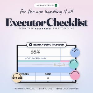 Executor Checklist Spreadsheet, Excel Estate Organizer with Probate Tasks, Asset Inventory and Beneficiary Tracker