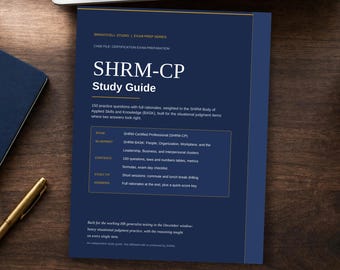 Op de afbeelding: Een donkerblauw SHRM-CP studieboek met witte tekst. De omslag bevat de titel, examendetails en een samenvatting van de inhoud, waaronder 150 oefenvragen, SHRM BASK-informatie en toelichtingen voor het SHRM Certified Professional examen.