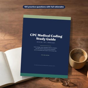 May include: A CPC Medical Coding Study Guide book with a dark blue cover, green top and bottom borders, and white text. The cover includes the title, ICD-10-CM, CPT, HCPCS Level II, and the text 100 practice questions with full rationales.