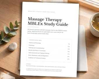 Op de afbeelding: Een witte studiegids getiteld Massage Therapy MBLEx Study Guide van Brightcell Studio. De omslag vermeldt 150 oefenvragen en zeven inhoudsgebieden, waaronder anatomie en fysiologie, gebaseerd op de FSMTB-inhoudsrichtlijn.