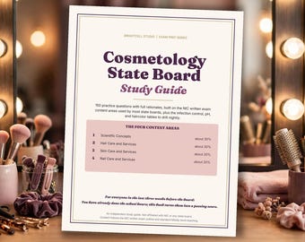 Op de afbeelding: Een witte studiegids getiteld Cosmetology State Board Study Guide met donkerpaarse tekst. Het bevat 150 oefenvragen en inhoudelijke gebieden zoals wetenschappelijke concepten, haarverzorging, huidverzorging en nagelverzorging.