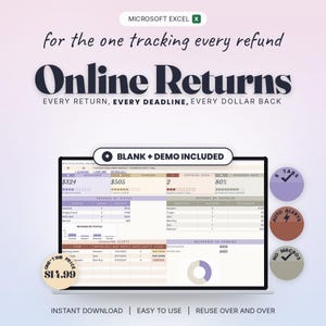 Online Returns Tracker Spreadsheet Excel, Refund Log with Deadline Countdown, Return Status Tracker, Package Tracking Organizer