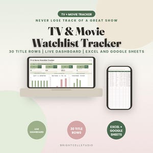Może przedstawiać: Cyfrowy szablon do śledzenia filmów i seriali w programach Excel i Google Sheets. Ekran przedstawia pulpit nawigacyjny z wykresami, ocenami i 30 wierszami tytułów. Tekst zawiera TV + MOVIE TRACKER, NEVER LOSE TRACK OF A GREAT SHOW oraz BRIGHTCELLSTUDIO.