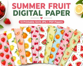 Puede incluir: Una colección de 12 papeles digitales imprimibles con temática de frutas de verano. Los papeles presentan patrones de fresas, limones, melocotones, naranjas, cerezas y rodajas de sandía. Los papeles miden 30,48 x 30,48 cm y están disponibles en formatos JPG y PDF. El título dice "Summer Fruit Digital Paper."