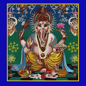 May include: A colorful digital illustration of the deity Ganesha seated in a cross-legged position. Ganesha has an elephant head, four arms, and wears yellow garments with blue drapes. The background features elephants, lotus flowers, and Om symbols.