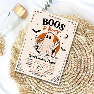 Zaproszenie na Halloween Let's Get Sheet Faced, zaproszenie na imprezę Martini Ghost, edytowalna strona Canva Adult Halloween Party