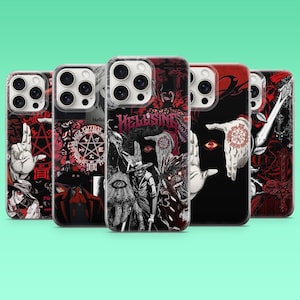May include: A collection of phone cases with various gothic-themed designs. The cases feature illustrations in black, red, and white, including images of hands, eyes, and text that reads "Hellsing". The cases are displayed against a solid green background.