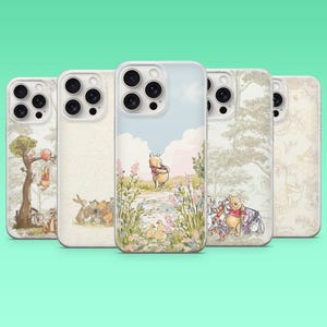 Könnte beinhalten: Fünf Smartphone-Hüllen mit Winnie Puuh und seinen Freunden in verschiedenen Szenen. Die Designs zeigen Puuh mit einem Ballon, Gruppenbilder und Blumenlandschaften mit sanften, gedeckten Farben und detaillierten Illustrationen.