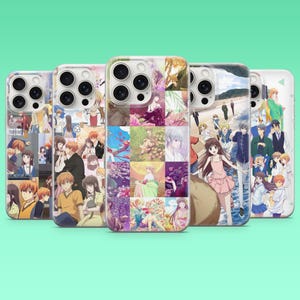May include: A collection of five phone cases featuring colorful anime-style artwork. Each case displays a different collage of characters and scenes, with a variety of colors and designs. The cases are made of a clear material and have camera cutouts.