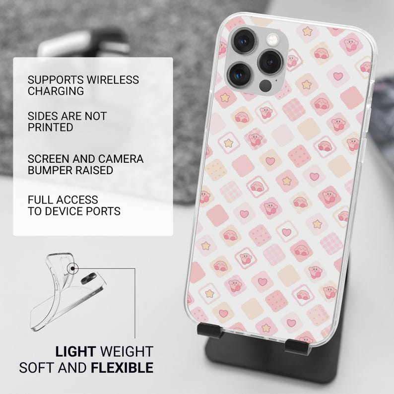 May include: A clear phone case with a repeating pattern of pink squares, stars, and hearts. The case features a cartoon character. Text on the case reads: "SUPPORTS WIRELESS CHARGING", "LIGHT WEIGHT SOFT AND FLEXIBLE".