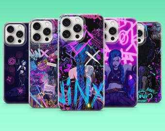 May include: Five phone cases with colorful designs featuring a character with blue hair. The cases have a black background with neon pink and purple accents. One case has the word "JINX" in large letters.