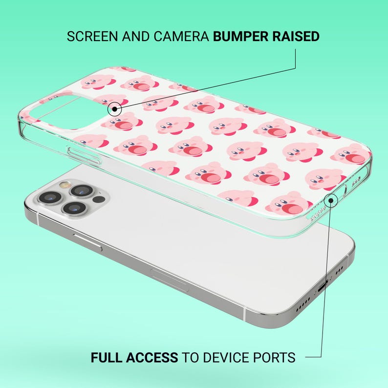 May include: Clear phone case with a repeating pattern of pink cartoon characters on a white background. The phone case is on top of a silver phone. The text on the image says "SCREEN AND CAMERA BUMPER RAISED" and "FULL ACCESS TO DEVICE PORTS".