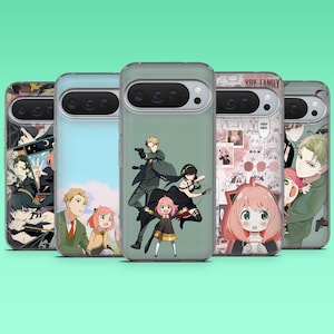 May include: Five clear smartphone cases featuring Spy x Family anime characters. The designs include Loid, Yor, and Anya Forger in various action and casual poses, with one case displaying a collage of scenes and the text Spy Family.