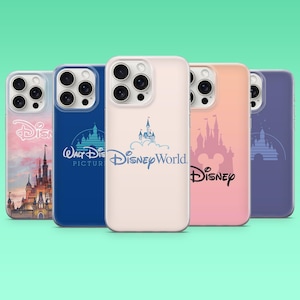 May include: A collection of five phone cases featuring Disney-themed designs. The cases showcase iconic castle silhouettes and the Disney logo in various colors, including pink, blue, and purple. Each case is designed to fit a smartphone.
