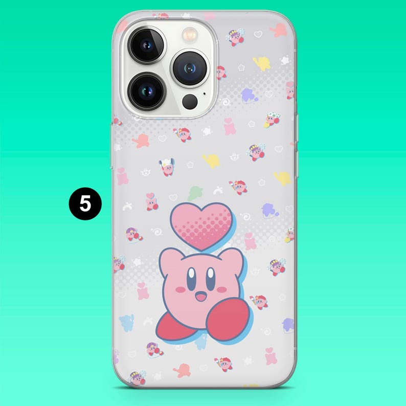 May include: A clear phone case featuring a pink cartoon character with a heart above its head. The case has a repeating pattern of the character and other shapes in pastel colors. The number 5 is in a black circle.