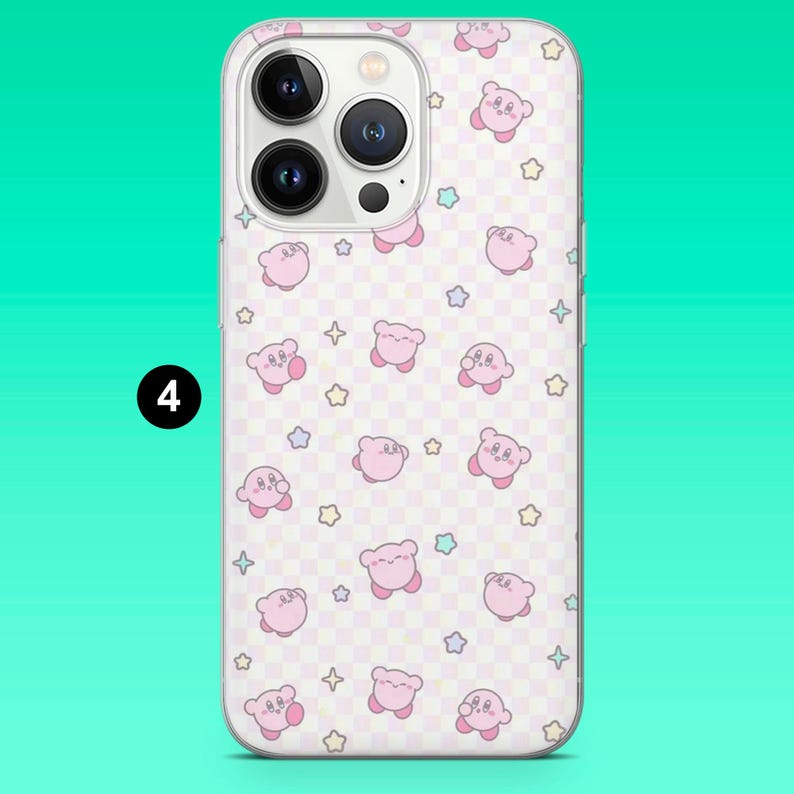 May include: A clear phone case featuring a repeating pattern of pink cartoon characters and stars on a light pink and white checkered background. The phone case has a camera cutout and a black number 4 in the corner.
