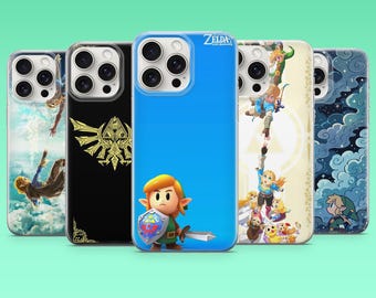May include: A collection of five phone cases featuring designs inspired by the video game series, The Legend of Zelda. The cases showcase various characters and iconic imagery, including Link, the Triforce symbol, and cloud patterns. Each case has a different design.