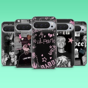 May include: Five smartphone cases featuring various designs related to Lil Peep. The cases display black and white photographic collages, text, and pink graphic elements including stars, hearts, and the name Lil Peep on a black background.