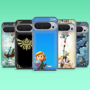 May include: Five smartphone cases featuring The Legend of Zelda graphics. Designs include a character falling through clouds, a gold Triforce on black, a blue case with Link holding a sword and shield, a character collage, and a blue cloud pattern.