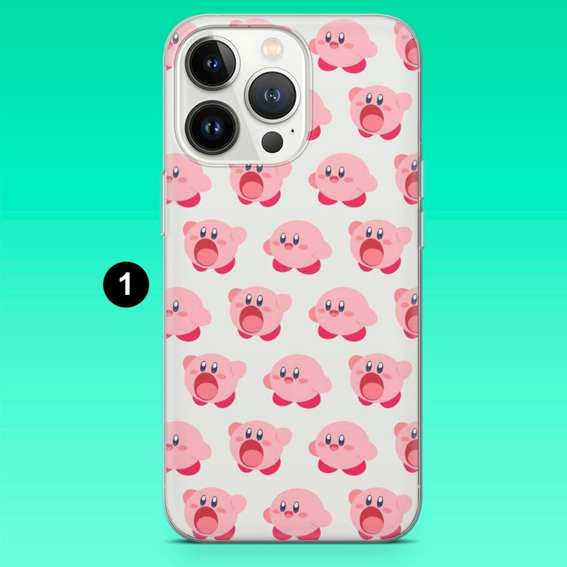 May include: A clear phone case featuring a repeating pattern of pink cartoon characters with open mouths and pink feet. The phone case has a clear border and a camera cutout.