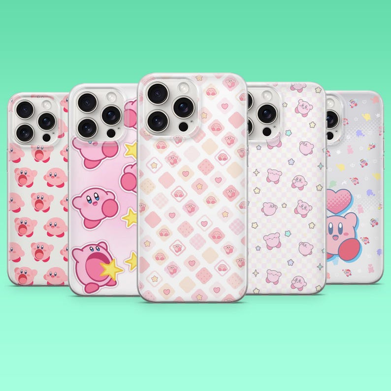 May include: A collection of five phone cases with various pink and white designs. The cases feature repeating patterns of a cartoon character, stars, hearts, and geometric shapes. The cases are displayed against a solid green background.