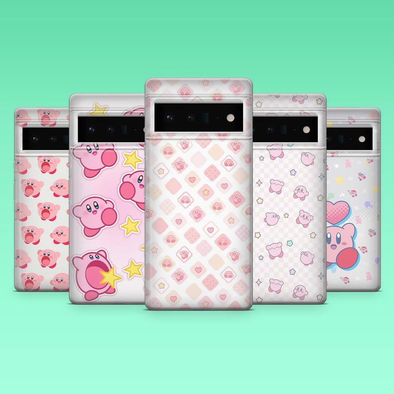 May include: Five phone cases with various pink and white designs featuring a cartoon character. The cases have different patterns, including the character's face, stars, and geometric shapes. The cases are displayed against a teal background.