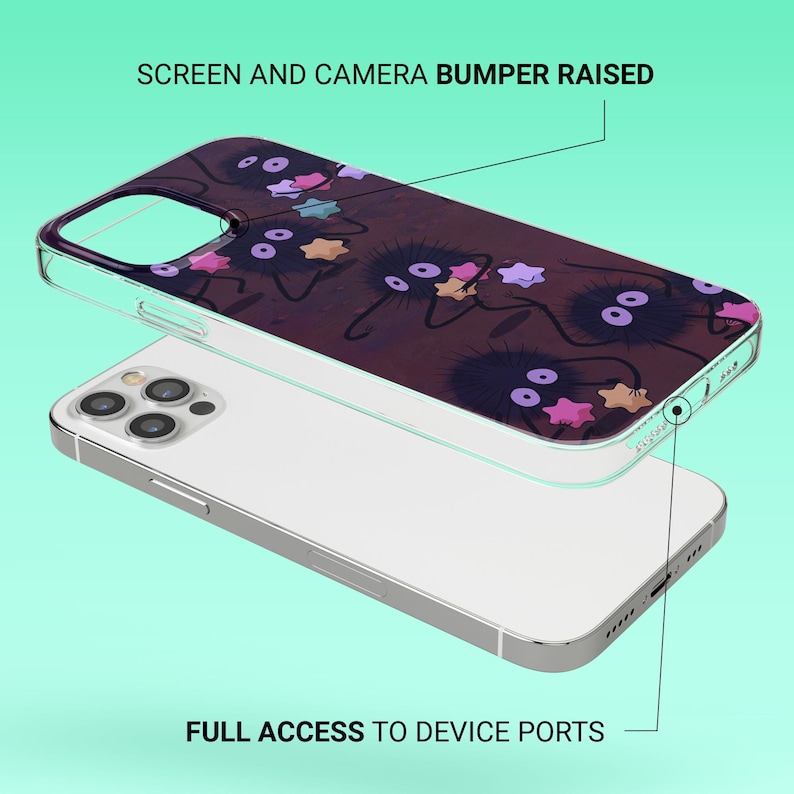 K&ouml;nnte beinhalten: Transparente Handyh&uuml;lle mit einem dunkelbraunen Muster aus schwarzen, runden Kreaturen mit gro&szlig;en Augen und bunten sternf&ouml;rmigen Objekten. Der Text "SCREEN AND CAMERA BUMPER RAISED" und "FULL ACCESS TO DEVICE PORTS".