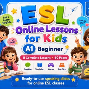 Peut inclure: Un graphique de téléchargement numérique pour ESL Online Lessons for Kids A1 Beginner avec 8 leçons complètes et 60 pages. Le design inclut des enfants en dessin animé, un enseignant, des livres, un globe et des bulles de texte Let's Learn English.