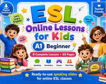 Clases de inglés online para niños, nivel principiante A1, sin preparación previa, diapositivas para hablar, juegos, descarga digital.