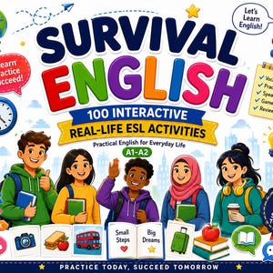 May include: A colorful educational book cover titled Survival English 100 Interactive Real-Life ESL Activities. It features five diverse students, a globe, a clock, books, and icons representing vocabulary, practice, and speaking skills.