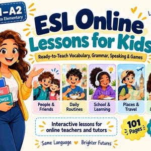 Può includere: Una risorsa educativa digitale intitolata ESL Online Lessons for Kids che mostra un insegnante in stile cartoon che tiene libri con le etichette Teach, Inspire e Empower. L'immagine include cinque pannelli con bambini in varie attività.
