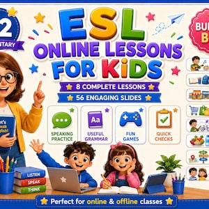 Peut inclure: Un coffret éducatif pour des cours d'anglais en ligne de niveau A2 pour enfants, illustré avec une enseignante et deux élèves. Le visuel affiche 8 leçons complètes, 56 diapositives, des exercices d'expression orale, grammaire et jeux.