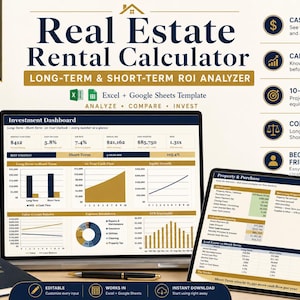 Real Estate Rental Calculator, Long-Term Short-Term ROI Analyzer, Cash Flow Excel Google Sheets Template