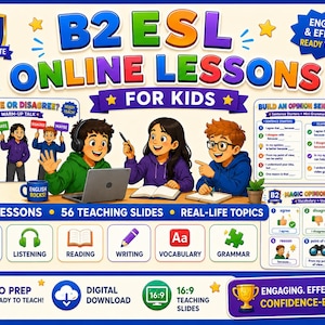 Peut inclure: Une ressource éducative numérique intitulée B2 ESL ONLINE LESSONS FOR KIDS montrant trois enfants illustrés étudiant avec un ordinateur portable et des livres. Le graphique inclut du texte, des icônes pour l'expression orale, l'écoute, la lecture, l'écriture, le vocabulaire et la grammaire, ainsi qu'un format de diapositives 16:9.