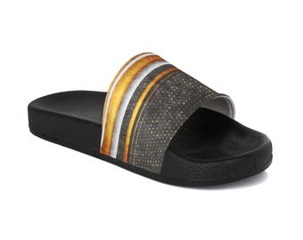 Women's Slide Sandals -Black & Gold Striped Summer Slides