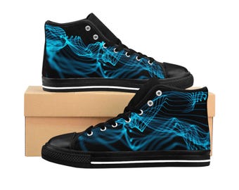Men's High-Top Sneakers with Blue Smoke Wave Design