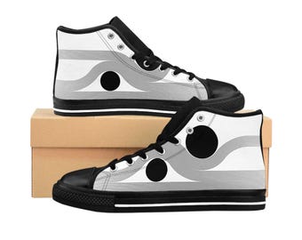 Men's Classic High-Top Sneakers - Black & White Wave Graphic "Original Tag"