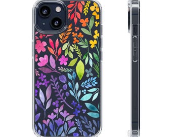 Floral Rainbow - colorful watercolor Leaves and flowers Clear Phone Case with original beautiful art, iPhone Samsung cover, preppy, gift