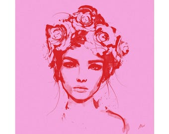 Bloom in Pink - Dopamine Art Floral Crown Portrait Poster by Allison Reich | Watercolor Matte Wall Art
