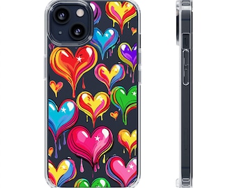 Phone case with original art, dripping rainbow hearts, clear impact case, protective iPhone Samsung cover, colorful accessories, gift ideas