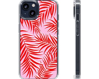 Preppy Tropics - red pink tropical palm leaf phone case floral pattern, original design art cover, iPhone Samsung cases, stylish gift ideas