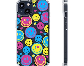 Neon Smiles - Dopamine art smiley pattern clear phone case, original art, clear impact case, iPhone Samsung cover, accessories, gift ideas