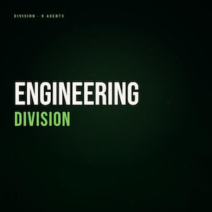 Pode incluir: Fundo verde escuro com as palavras "ENGINEERING DIVISION" em texto branco grande. Acima, em texto verde menor, está "DIVISION 8 AGENTS". A palavra "DIVISION" também está em verde.